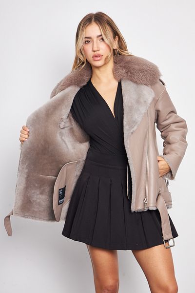 By Marki Marki 73 cm Women's Mink Leather Coat - Genuine Leather, Fur Inside Surface, Belt, Oversize Collar