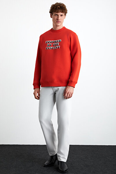 GRIMELANGE Erekle Men's Cotton Round Neck Printed Red Sweatshirt