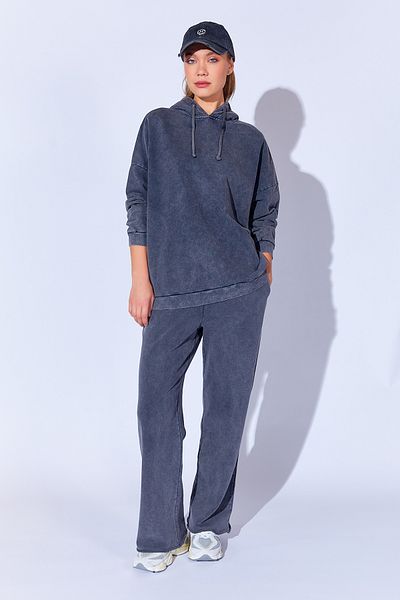 EDITION WOMAN Anthracite Antique Pale Effect Washed Oversize Thick Three Thread Women's Sweatshirt Additional 100279354