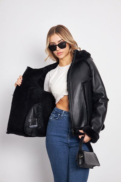 By Marki Marki 61 cm Women's Hooded Leather Coat - Genuine Leather, Fur Inside, Cold Weather Resistant