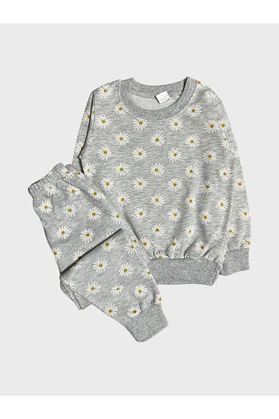 ALİŞ KİDS Girl's Cotton Raised Gray Daisy Patterned Long Sleeve Pajama Set