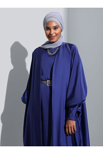 Refka Satin Dress&Ferace Double Evening Set with Stone Detail on the Sleeves - Navy Blue - Refka