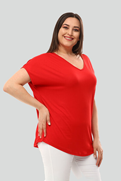 Ebsumu بلوزة نسائية حمراء كبيرة الحجم برقبة على شكل حرف V مع تفاصيل سلسلة خلفية