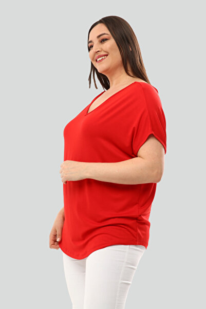 Ebsumu بلوزة نسائية حمراء كبيرة الحجم برقبة على شكل حرف V مع تفاصيل سلسلة خلفية