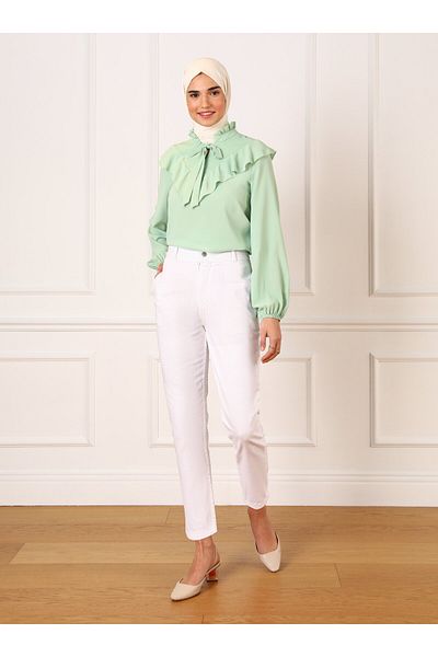 Refka Casual Naturgewebe-Jeans mit hoher Taille und Quastendetail an der Taille – Weiß – Refka