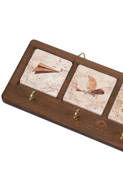 Anadolia Hezârfen and Galata Tower 4-Piece Travertine Decorative Hanger with Wooden Box