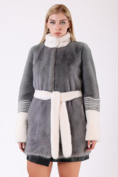 Leather Club Gri Beyaz Mink Kürk Kaban