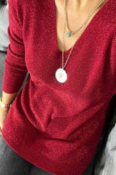 Bİ.GİYSEN Women's Red V-Neck Lycra Glitter Thin Knitwear Blouse