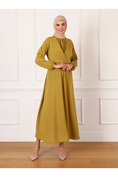 Refka Bolero Detailed Hijab Dress - Oil Green - Refka