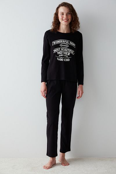 Penti Wonderful Mom Slogan Printed Black Pajama Set