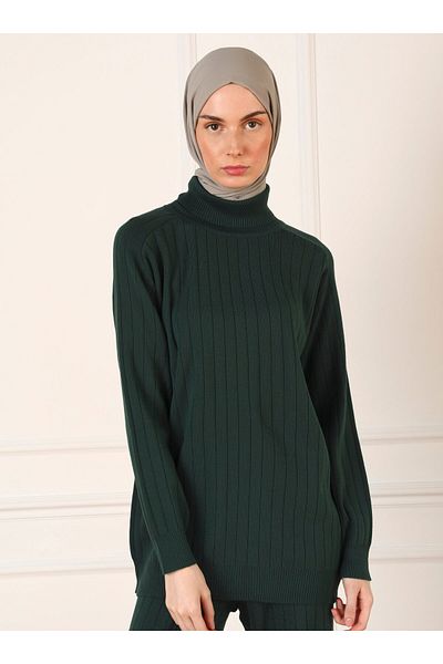 Refka Belt Detailed Tunic & Trousers Double Knitwear Set - Emerald Green - Refka