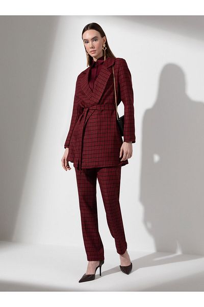Refka Plaid Patterned Jacket - Claret Red Black - Woman