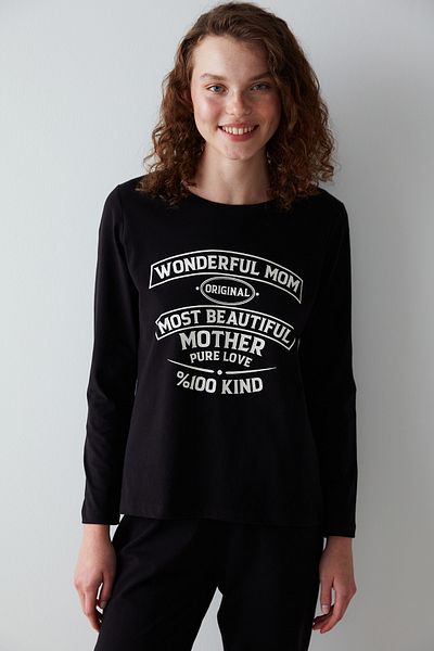 Penti Wonderful Mom Slogan Printed Black Pajama Set