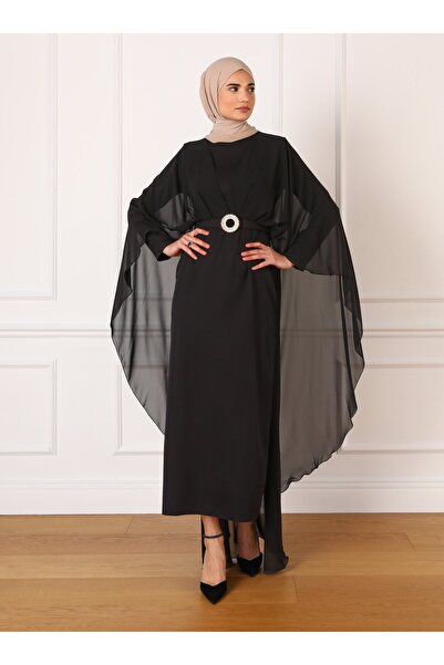 Refka Chiffon Cape Belted Hijab Evening Dress - Black - Refka