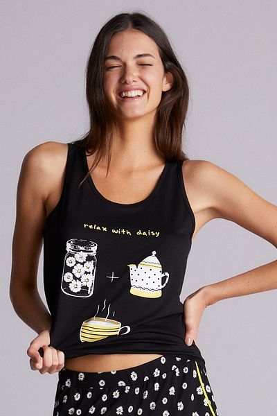 Penti Black Daisy Printed Undershirt Pajama Top