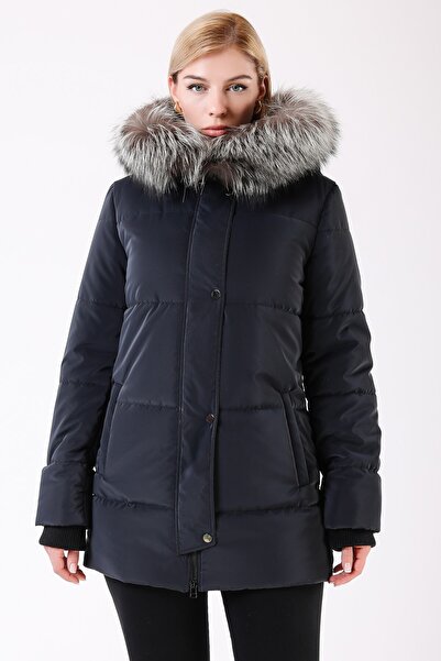 Leather Club Koyu Mavi Fox Kürk Aksesuarlı Şişme Puffer Kaban