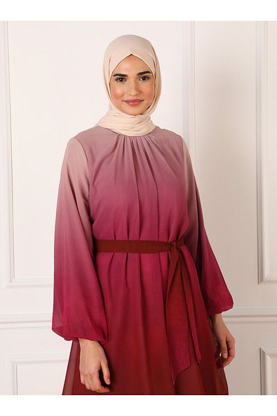 Refka Belted Gradient Patterned Chiffon Hijab Evening Dress - Pink - Refka