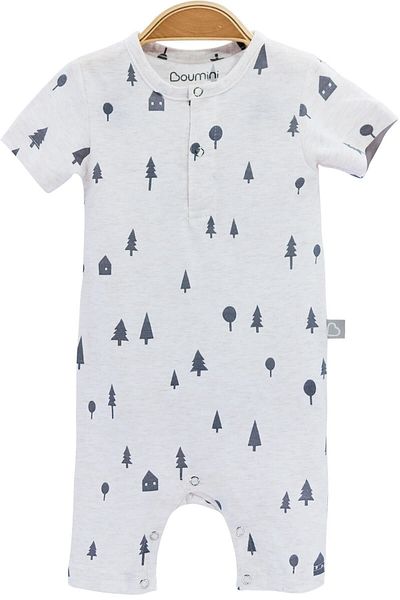 Boumini Beige Baby Shorts Romper - Cotton, Short Sleeve, Pine Forest