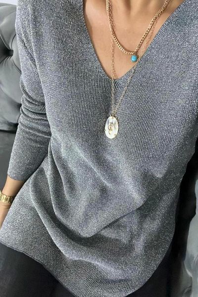 Bİ.GİYSEN Γυναικεία γκρι λαιμόκοψη Lycra Glitter Slim πλεκτή μπλούζα