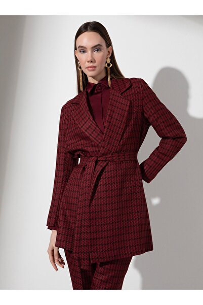 Refka Plaid Patterned Jacket - Claret Red Black - Woman
