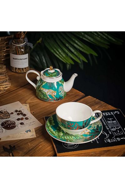 SODELICIOUS COFFEE TEA Green Haven 4 Piece Forest Patterned Tea and Coffee Cup Porcelain Teapot Set