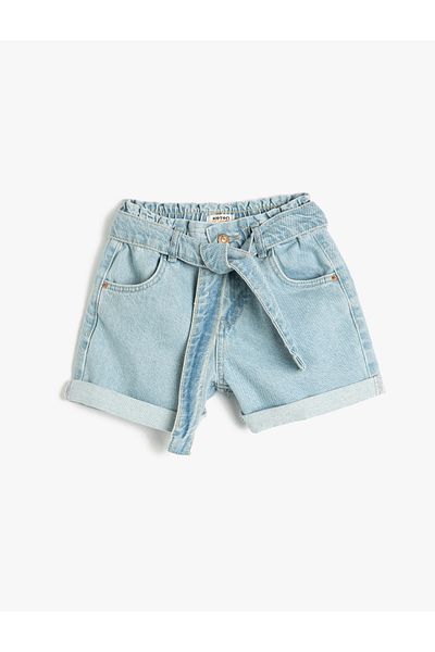 Koton Denim Shorts with Belt Detail, Pockets, Cotton, Elastic Waist