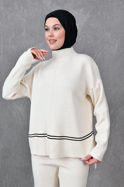 4S1B FASHION Stand Collar Striped Sweater and High Waist Trousers - Oversize Knitwear Hijab Set 3040