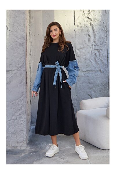 Elif Özbey Butik Balloon Sleeve Jean Detailed Belted Dress