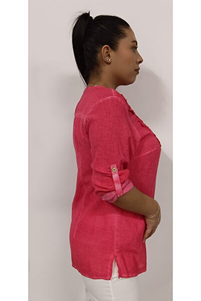 AKŞEN GİYİM BÜYÜK BEDEN FİSTO DANTEL DETAYLI YIKAMALI PAMUK KETEN  OTANTİK  KATLAMALI KOLLU GÖMLEK