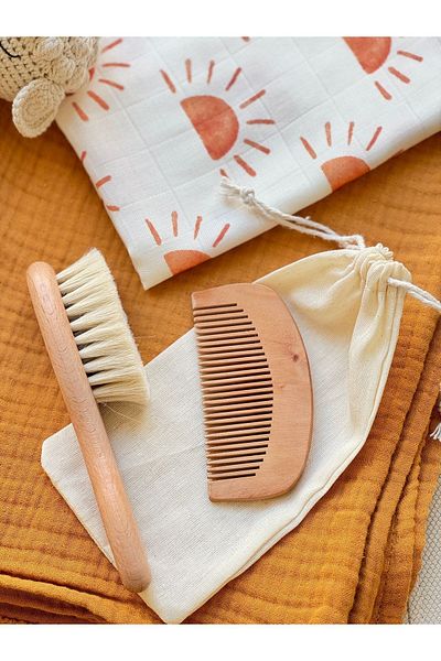 BETSY STUDIO 100% Goat Hair Baby Hair Brush with Natural Wooden Comb - Set of 3
