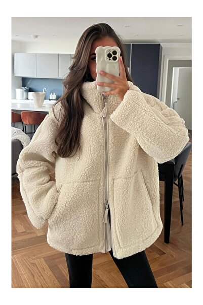 ELBA STİL معطف نسائي من القطيفة ذو ياقة عالية وجيوب باللون البيج مقاس كبير (ي...