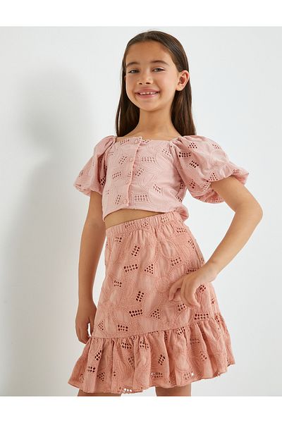 Koton Balloon Sleeve Crop Blouse - Button Closure and Scallop Detail