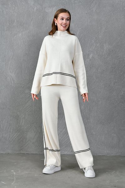 bayansepeti Tricotaj flexibile cu detaliu dungi Pulover supradimensionat și pantaloni largi cu talie înaltă Costum tricot crem 3040