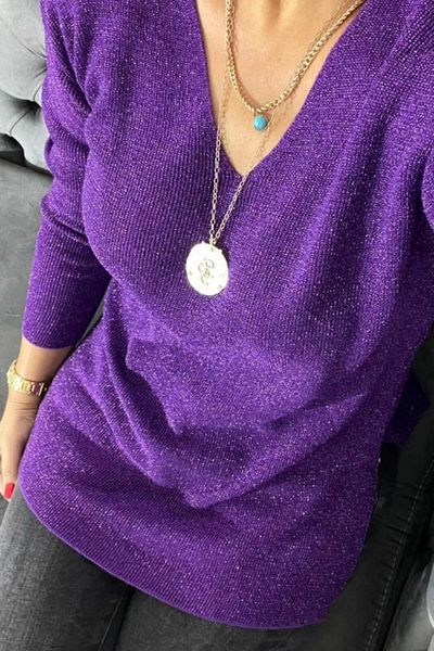 Bİ.GİYSEN Γυναικεία Μωβ λαιμόκοψη Lycra Glitter Slim πλεκτή μπλούζα