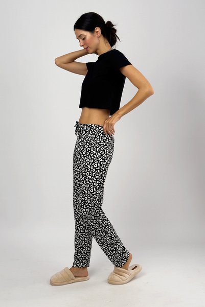 Betimoda Pantaloni de pijama de femeie din catifea cu puncte alb-negru. Trening din bumbac
