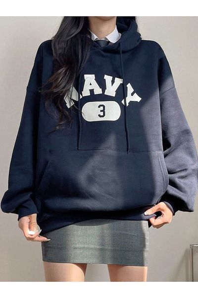 Revasser Unisex ανδρικό/γυναικείο φούτερ NAVY 3 χρωμάτων με ειδική στάμπα βαμβακερή κουκούλα