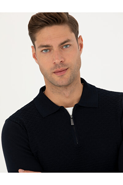 Pierre Cardin Синій Slim Fit светр з коміром-поло на блискавці 50281825-VR033