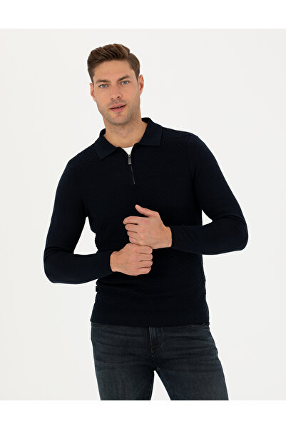 Pierre Cardin Синій Slim Fit светр з коміром-поло на блискавці 50281825-VR033