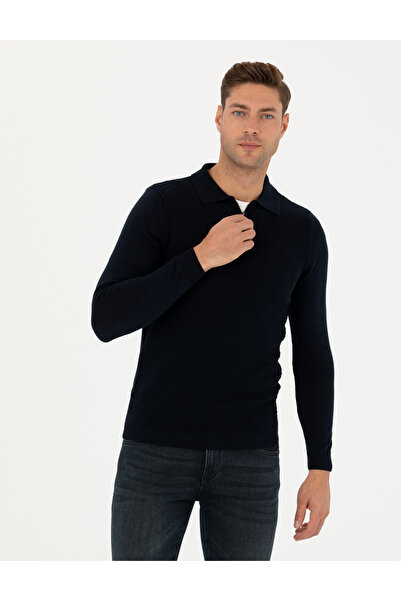 Pierre Cardin Синій Slim Fit светр з коміром-поло на блискавці 50281825-VR033