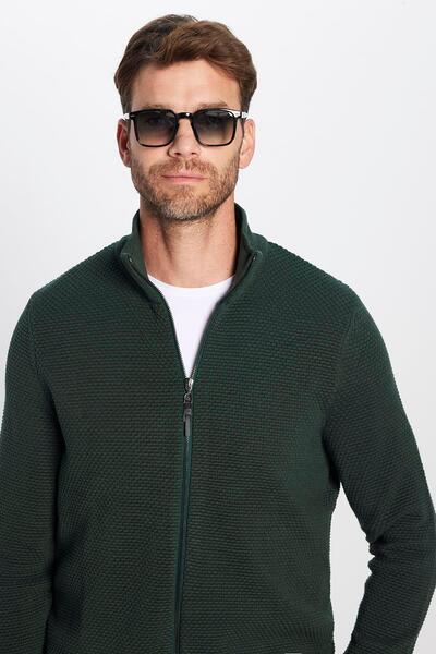 Tudors Men's Print Half Turtleneck Zippered Green Cardigan