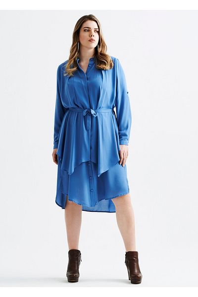 EVEN plus size فستان قميص كوتون أزرق مقاس كبير