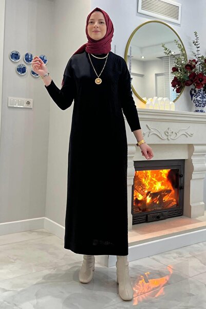 Rabia Şamlı Zebra Desen Triko Elbise Siyah