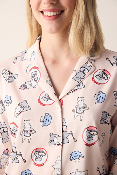 Penti Pamuklu Joyful Açık Pembe Düğmeli Gömlek Pantolon Pijama Takımı