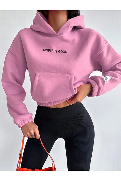 Mood Lab Hanorac crop cu glugă, cu 3 fire, roz caramel