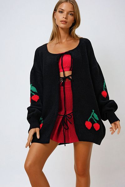 VAGGON Women's Black Square Collar Front Tie Cherry Embroidered Knitwear Cardigan Prm1267