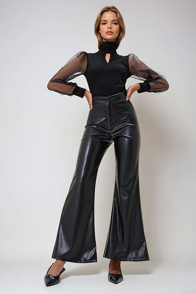 VAGGON Pantaloni negri din piele artificială cu talie înaltă pentru femei Prm1256