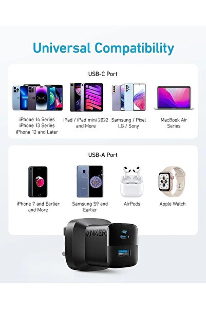 Anker شاحن جداري انكر 323 بقوة 33 واط بمنفذ تايب سي ومنفذ يو اس بي – اسود مع كيبل