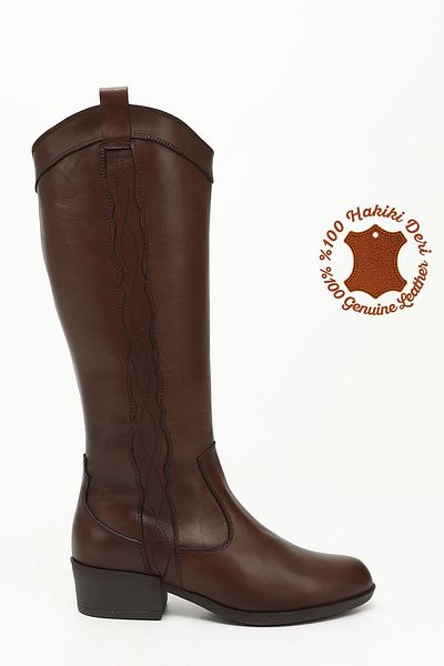 GÖNDERİ(R) Women/Girls Brown Antique Zippered Thick Heeled Genuine Leather Cowboy Boots
