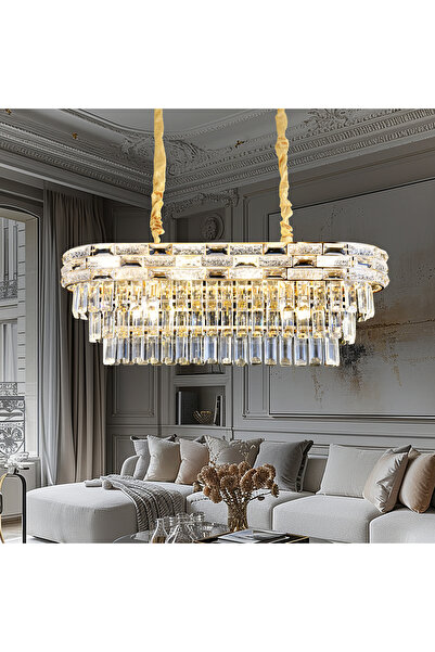 Apliqa Dolares Sıralı 40 Watt Dikdörtgen Gold Kristal Taşlı Yemek Masası Üstü...