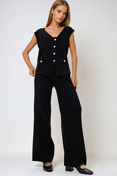 VAGGON Black Knitwear Vest and Palazzo Trousers Set - Metal Button and Pocket Detailed Prm1259